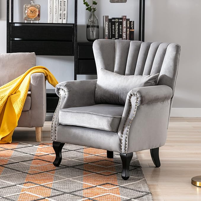 chairus Mid-Century Modern Accent Chair Comfy Single Sofa Chair Channel Back Armchair with Small Pillow for Living Roon Bedroom Club - Velvet, Grey