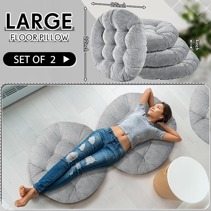 Jerify Floor Pillow Cushions 22 x 22 Inch Round Square Large Meditation Floor Pillow for Classroom Adult Meditation Picnic Party Cushion for Seating Gift Christmas(Round,Light Gray,2 Pcs)