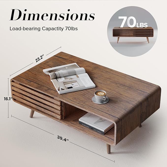 Easyego Coffee Table with Storage, Farmhouse Wood Tables for Living Room, Easy Assembly, Suitable for Various Home Styles (Walnut)
