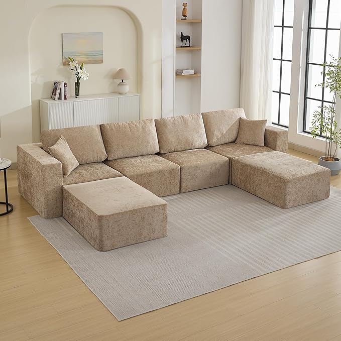 146'' Oversized Boneless Sofa, 4 Seater Modular Sectional Couch with 2 Movealbe Ottoman, U Shaped Chenille Convertible Sleeper Sofa with Chaise for Living Room, Camel