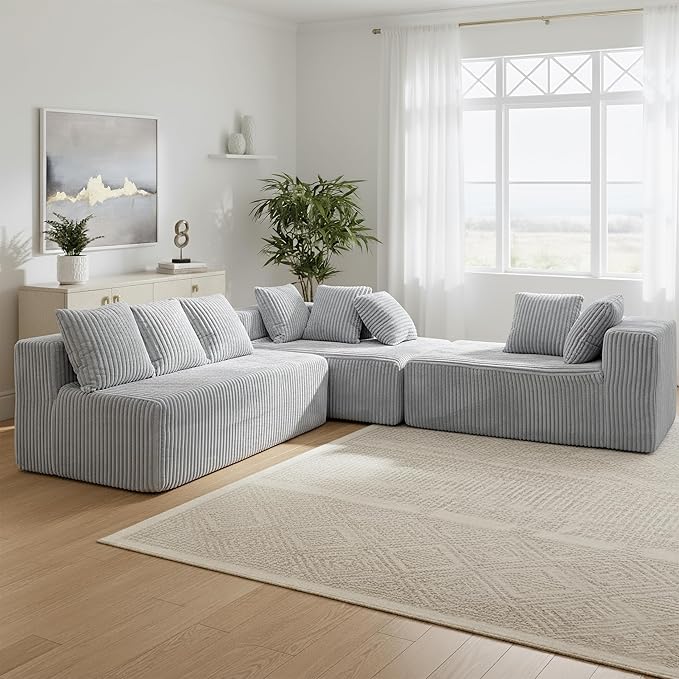 130" Boneless Couch, Cloud Couch Sectional, Corduroy Sofa for Living Room, U Shaped Modular Sofa with Chaise, No Assembly, 4 Seats Oversized (Grey)
