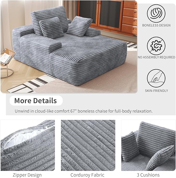 WJShome Oversized Chaise Lounge Chair Indoor, Plush Corduroy Boneless Sofa Bed, Cloud Reading Chair with Throw Pillow for Living Room (Gray)