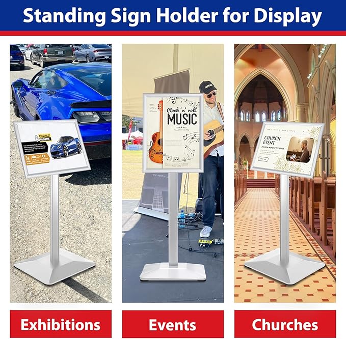 VAIIGO Sign Stand 11x17inch Pedestal Sign Holder Poster Stand 3Packs Adjustable Floor Standing Sign Holder with Heavy Duty Display Stand for Indoor Outdoor Business Store Sign Holders(Silver)