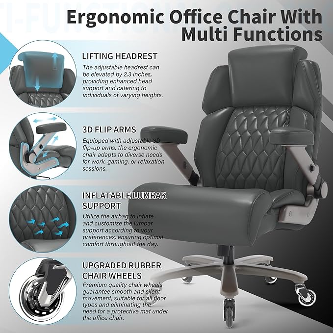 Big and Tall Office Chair 700lbs - Adjustable Headrest&Lumbar Support, 3D Flip Arms, Large Wheels &Heavy Duty Metal Base, Ergonomic High Back Computer Chair Desk Chair, Thick Padded Extra Wide Seat
