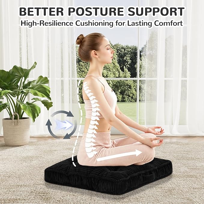 PRIMEPATIO Square Floor Pillow for Adults, Tufted Floor Cushion for Sitting, Large Meditation Cushion, Thick Corduroy Seat with Handle, Tatami Seating for Yoga, 24x24 Inch Black, 1Pack