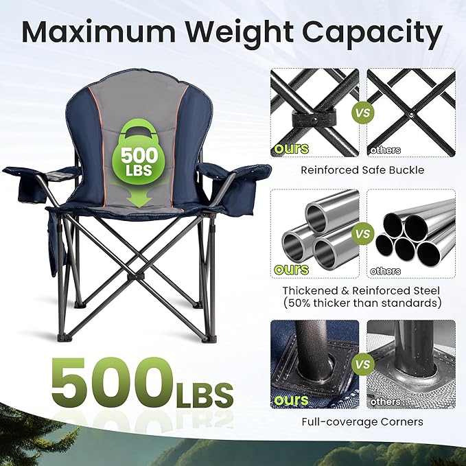 Oversized Camping Chair Heavy Duty- Portable Folding Chair, Cup Holder & Waterproof Phone Case for Adults, Beach, Hiking, Backyard (Blue & Gray, 1 PCS)