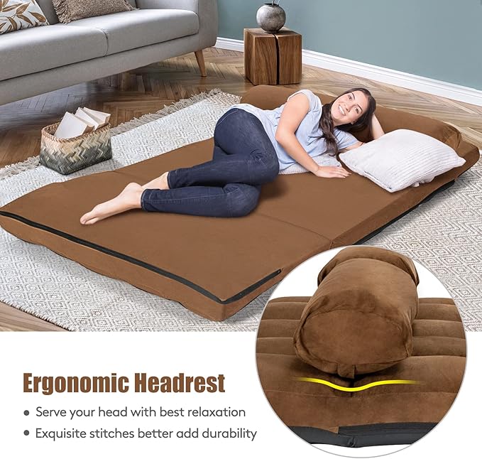KOMFOTT Adjustable Floor Sofa Bed, Foldable Lazy Sofa Sleeper Bed with 6 Position Backrest & 2 Pillows, Convertible Futon Couch Bed with Suede Cloth Cover, Lounge Recliner for Living Room (Coffee)