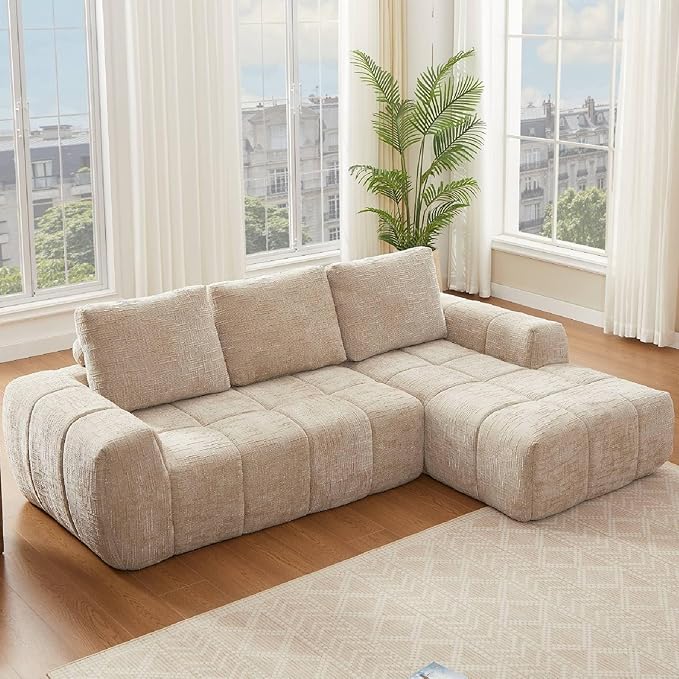 KEIKI Sectional Chenille Floor Sofa, Convertible L-Shaped Boneless Cloud Sleeper Couch with Chaise Lounge, Space Saving Modular Futon Couches Bed for Living Room Bedroom, No Assembly Required, Khaki