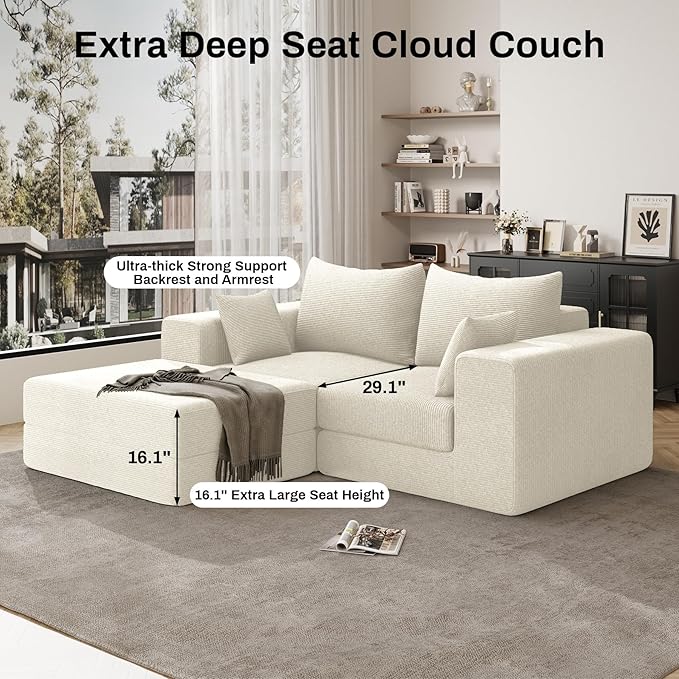 DAMAIFROM 80" Convertible Sleeper Sofa Bed with Soft Pillow, Corduroy Folding Mattress Couch with L-Shape Chaise, Modular Floor Sofa Lounge Couch for Living Room Bedroom Lounge (Beige White)