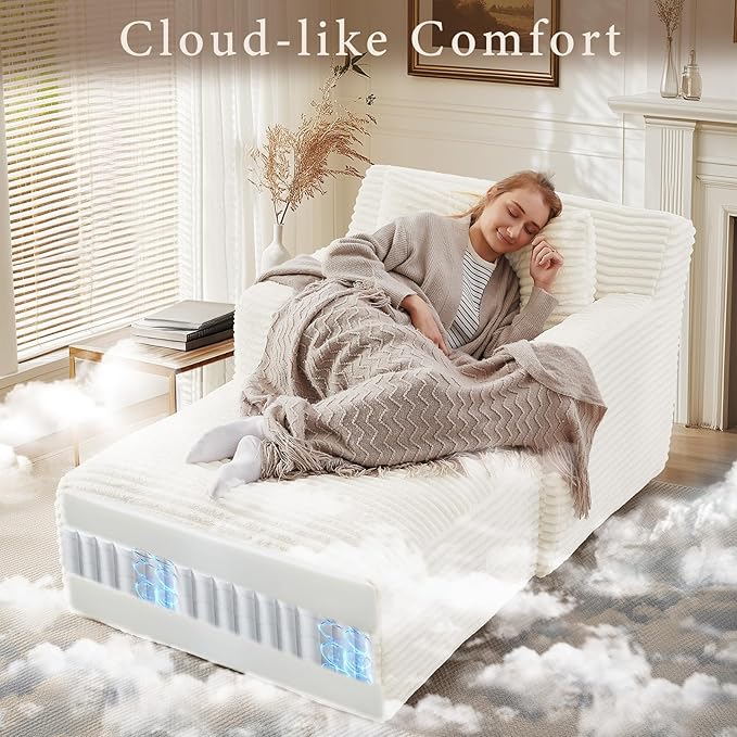 VEPXXP 65.4" Chaise Lounge Chair Indoor, Oversized Boneless Couch Comfy Upholstered Sleeper Sofa Bed with 3 Pillows, Corduroy Cloud Reading Chair for Living Room No Assembly Required, White