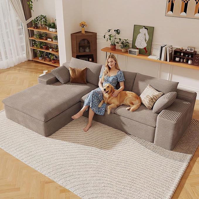 107" Cloud Sectional Couch with L-Shape Chaise, Modern Corduroy Viral Boneless Sofa for Living Room,Memory Foam Couches in a Box with Deep Seat,No Assembly Required (Camel,Left-Facing Chaise)