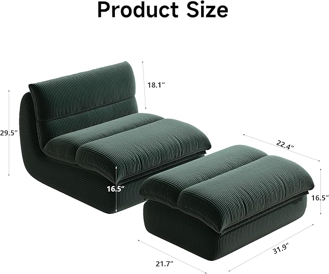 Bean Bag Chair with Ottoman, Cozy Comfy Reading Nook Chairs, Ultra Soft Corduroy Fabric Bean Bag Chairs for Adults, Reading Chair with Ottoman for Living Room, Bedroom Apartment (Green)