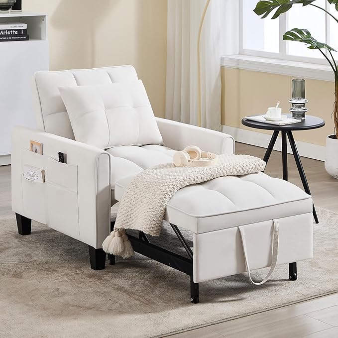 choairy Convertible Sleeper Chair, 3 in 1 Sleeper Chair Bed Pull Out Sofa Bed Chairs, Velvet Single Sofa with Adjustable Backrest for Adults Reading Living Room, Bedroom, Beige