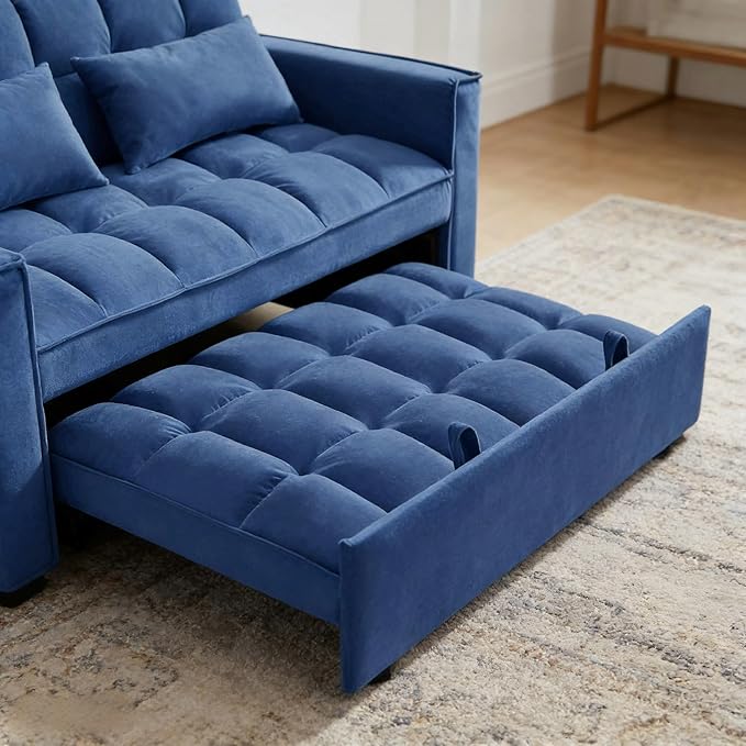 54 inch Velvet 3 in 1 Convertible Sleeper Sofa Bed, Futon Couches for Living Room with Side Pocket | Adjustable Backrest| Velvet Fabric | Pull Out Couch | Love seat Sofa|2-seat Sofa Bed (Blue)