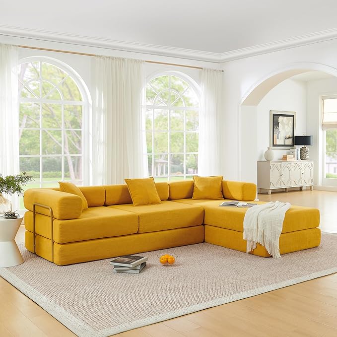 108" Convertible Sleeper Sofa Bed, Corduroy Folding Sofa Bed with Fixed-Shape Frame, Fold Out Floor Mattress Couch, Lazy Compression Sofas for Living Room, Bedroom, No Assembly Required,Yellow