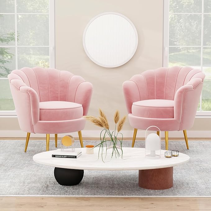 DAGONHIL Mid Century Modern Upholstered Accent Chair,Petal Vanity Chair,Retro Leisure Velvet Single Sofa with Golden Metal Legs for Living Room/Bedroom(Light Pink)