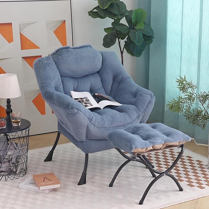 Tiita Lazy Chair with Ottoman, Blue Chairs Modern Large Accent Lounge Armchair, Comfy Leisure Sofa Reading Chair with Footrest for Bedroom, Living Room, Dorm Rooms, Garden, Plush Light Blue