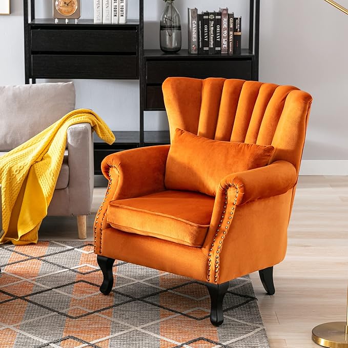 DM Furniture Velvet Accent Chairs Set of 2 with Arm Comfy Living Room Chair Mid-Century Modern Wingback Side Chair Single Sofa Couch for Bedroom Guest Room, Orange
