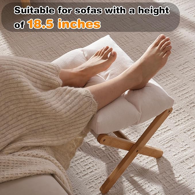 Ottoman Foot Rest- Bamboo Foldable Stool, Foot Stools Small Ottman with Upholstered & X Legs, Folding Stool for Makeup, Bedroom and Living Room (Small Beige)