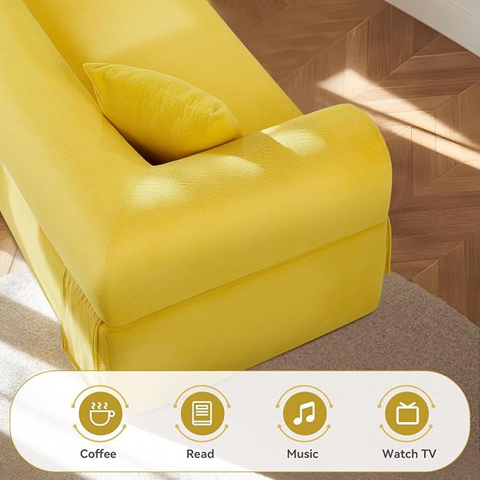 83" Boneless Couch, 3 Seater Sofa with 2 Matching Pillows Compact Corduroy Couches for Living Room Side Storage Pockets, Floor Sofa with Removable Armrests, No Assembly Required, Yellow