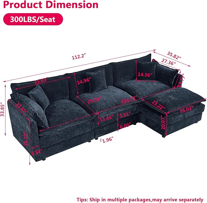 Aoowow Modular Sectional Sofa Modern Convertible L Shaped Couch,112.2 Inch Deep 3-Seater Sofas Set Comfy Chenille Cloud Sofas and Couches with Movable Ottoman for Living Room Apartment（Blue）