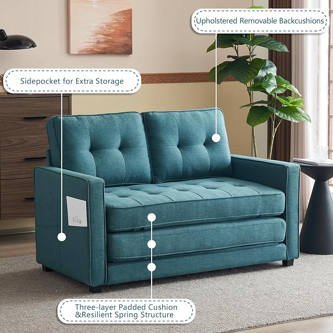 VINGLI Loveseat Sleeper Sofa Bed Teal Blue Futon Couch 53.5" W 80" L Pull Out Couch Bed Floor Couches for Living Room Folding Sofa Convertible Small Loveseat for Small Spaces