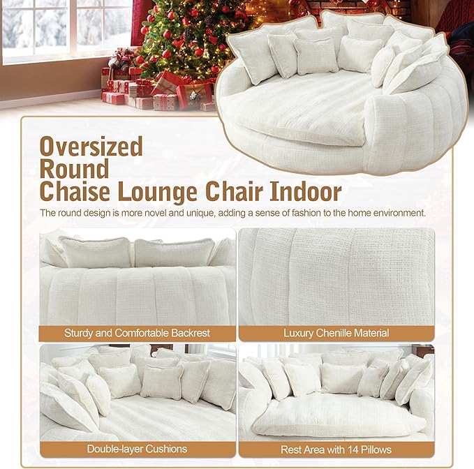 82'' Oversized Upholstered Sofa Bed, Round Chaise Lounge Chair Indoor, Modern Chenille Boneless Couch, No Assembly Required, Plush Sleeper Chair with 14 Pillows for Living Room, Beige