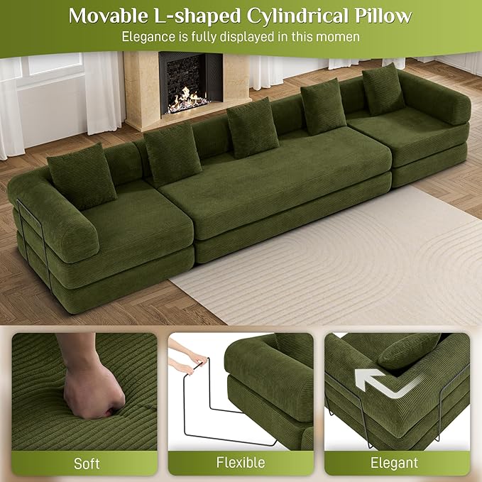 DAMAIFROM 157" Convertible Sleeper Sofa Bed Set with Pillow, 4-in-1 Corduroy Folding Mattress Boneless Couch with Fixed-Shape Frame, Fold Out Floor Sofa Cama Lounge Couch for Living Room, Olive Green