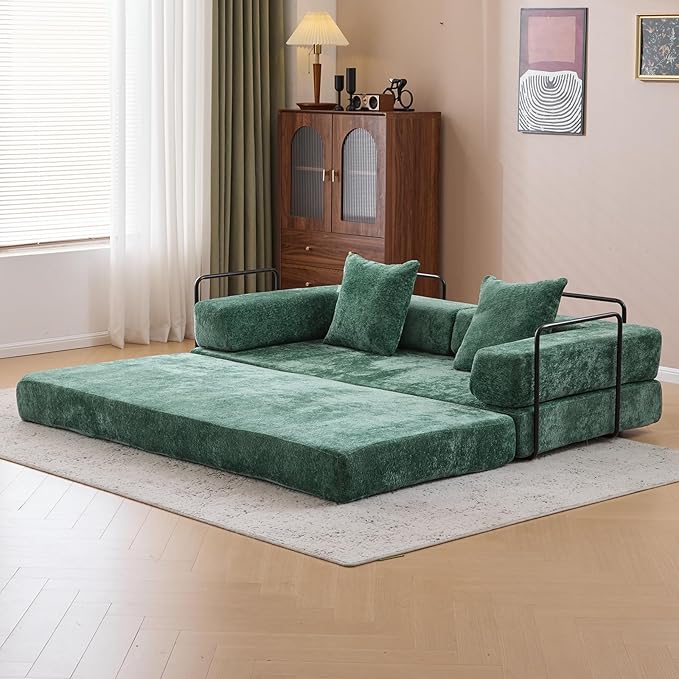 Floor Couch,Compression Sofa,Convertible Floor Sofa Bed-with Pillow Back Support Armrest,Comfy Futon Couch Lounge Sleeper Bed,Flannel Fabric,for Living Room Bedroom (Dark Green)