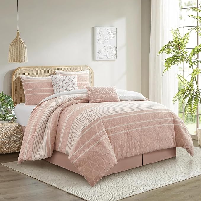 Grand Avenue Cotton California King Size Comforter Set, 6 Piece, Blush Geometric Jacquard Bedding Set, Bedskirt, Pillows & Shams, Home Decor
