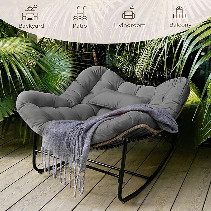 Sgentle Papasan Rocking Chair for Outdoor & Indoor, Oversized Patio Rocking Chair with Cushions & Steel Frame, Wicker Egg Lounge Chair, Comfy Reading Chair for Patio, Deck, Porch (Grey, Style 2)