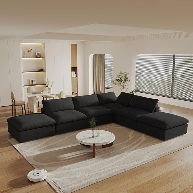 160" Cloud Couch Modular Sectional Sofa for Living Room,L Shaped Sofas with Storage Ottoman,Down Filled Convertible 6 Seater, Covers Washable&Replaceable (Black)
