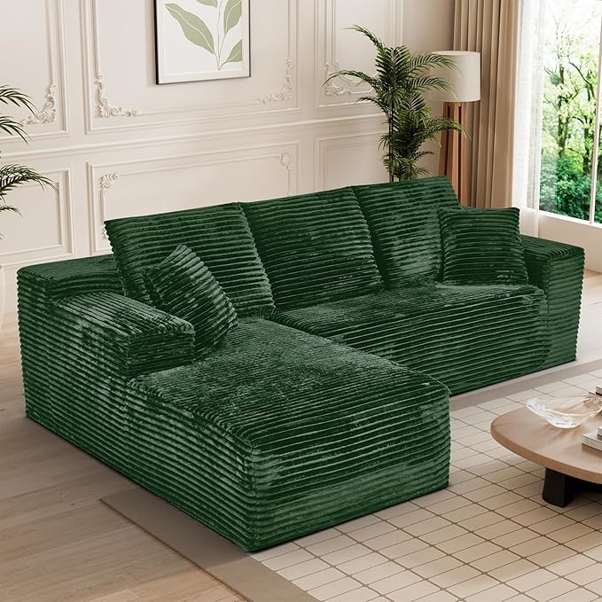 Modular Sectional Sofa Cloud Sectional Couch, 107" Comfy Fluffy L Shaped Green Couches for Living Room, Deep Seat Memory Foam Plush Corduroy Boneless Couch Sectionals with Left Facing Chaise Sofa