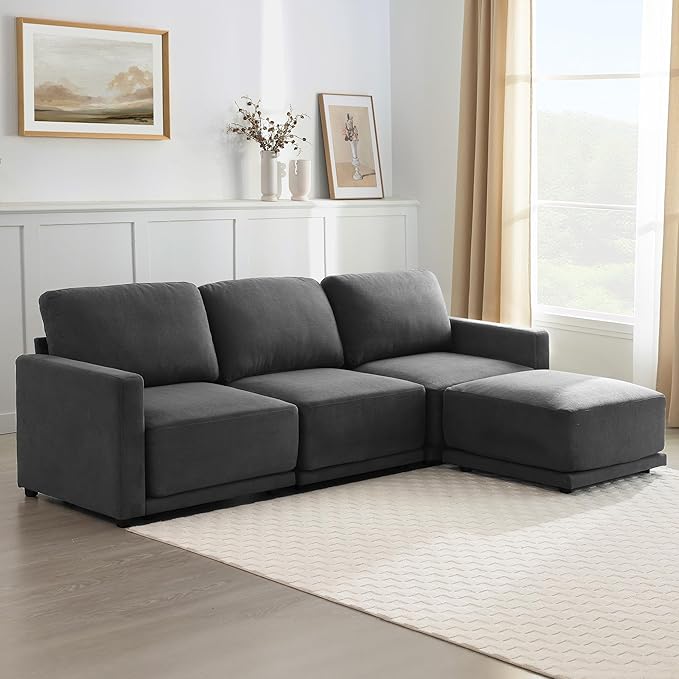 CAPCAPA 112" Modular Sectional Couches for Living Room, L-Shaped Modern Sofa with Ottoman, 4-Piece Chenille Sofa Set for Home Furniture, Dark Grey