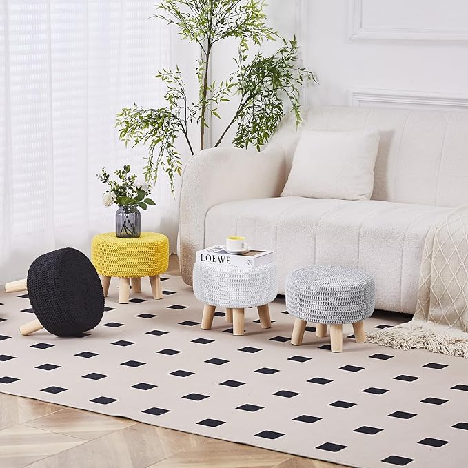 Wimarsbon Small Ottomans, 100% Hand Knitted Pouf, Round Footrest with 4 Non-Skid Wood Legs, Boho Décor Cotton Rope Pouffe Beside Sofa, Leisure Floor Step Chair for Living Room (Yellow)