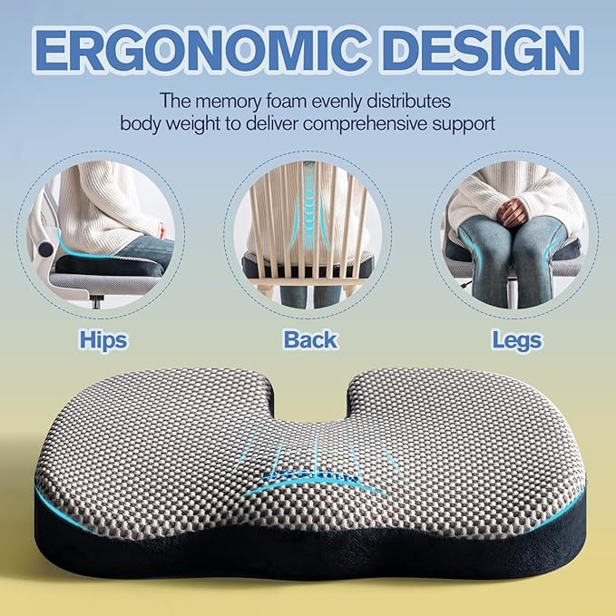 Mureon Seat Cushion for Office Chairs, Large Memory Foam Cushion for Car, Pressure Relief Ergonomic Chair Cushion with Non-Slip Cover for Soft Support for Hip All Day Comfort - Grey
