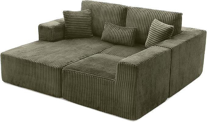 Modular Sectional Sofa Cloud Sectional Couch, 107" Comfy Fluffy L Shaped Olive Green Couches for Living Room, Deep Seat Memory Foam Plush Corduroy Boneless Couch Sectionals Left Facing Chaise Sofa