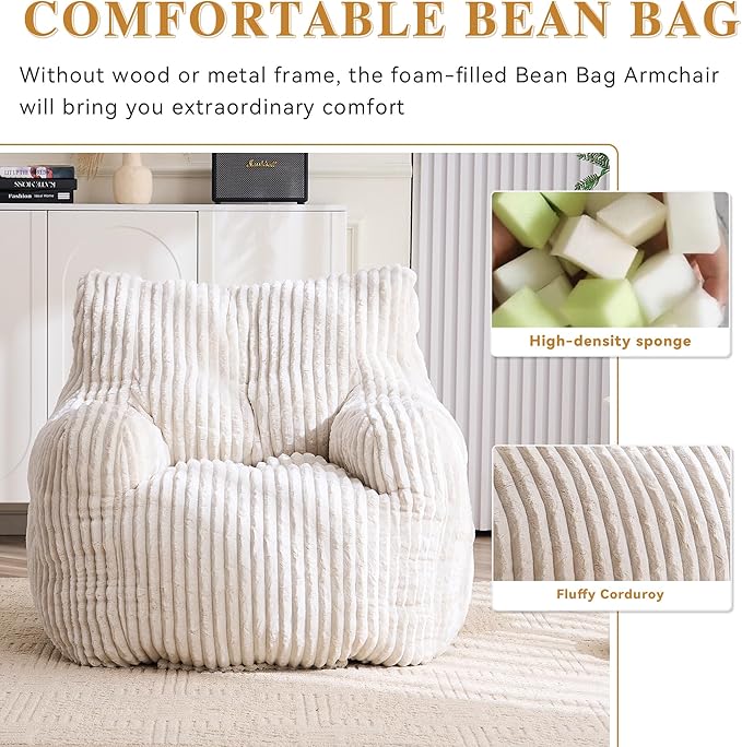 GDFStudio 37" Bean Bag Chair Oversize Bean Bag Lazy Floor Sofa with Back Support Comfy Corduroy Memory Foam Chair with Armrest for Living Room Bedroom, Beige