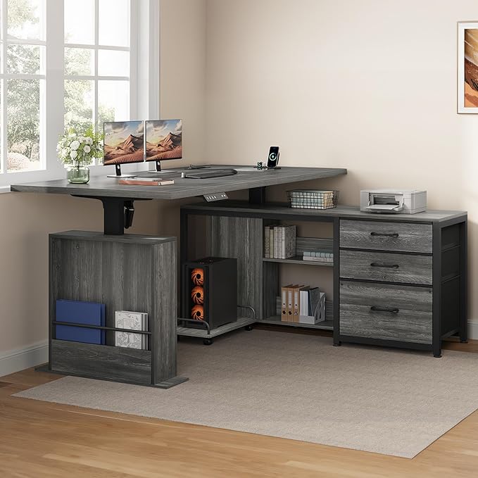 63" L Shaped Standing Desk with 3 Drawers Electric Adjustable Height Desk Corner Standing Desk with Storage Computer Game Desk with Power Outlets Computer Tower Stand for Home Office, Grey