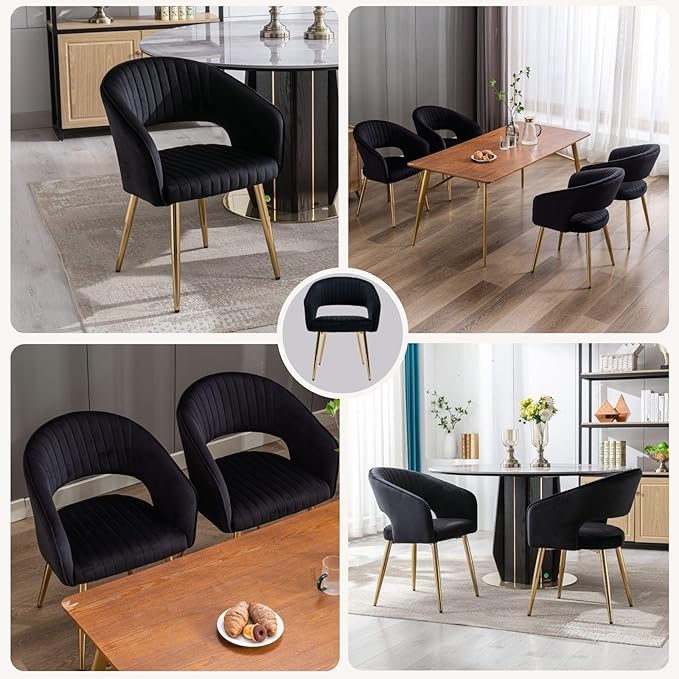 COMULER Black and Gold Velvet Dining Chairs, Modern Dining Room Chairs with Arms Set of 2 Upholstered Accent Chair Armchair with Barrel Back for Kitchen Living Room