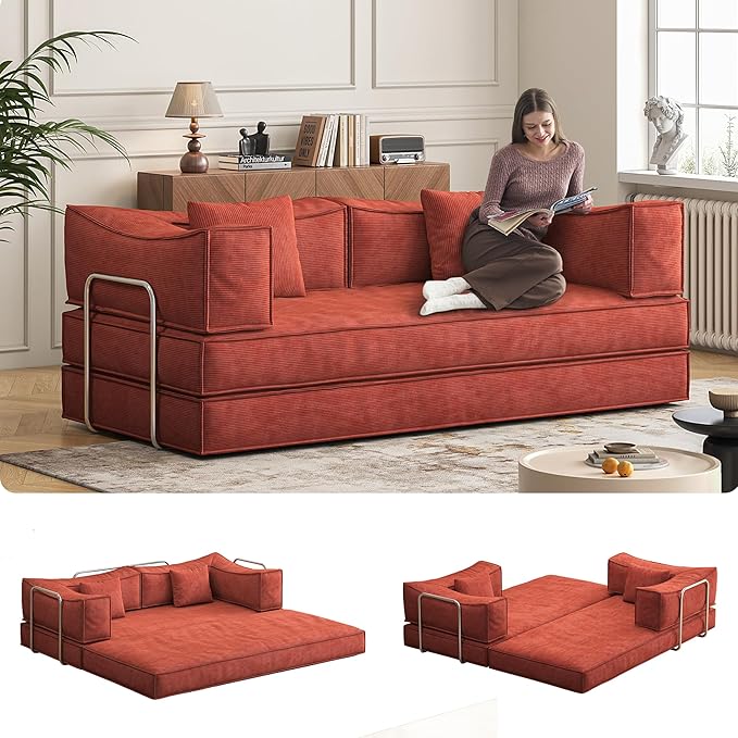 Carzzi-Life 79" Convertible Sofa Bed with Pillows, Corduroy Folding Sleeper Sofa with Fixed-Shape Frame, Boneless Couch for Living Room Bedroom, Floor Sofa Lounge No Assembly Required