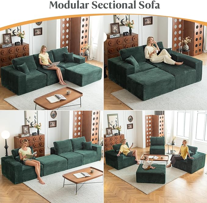 MODNEST 108" Modular Sectional Sofa Cloud Couch with Deep Seats, L Shape Couch with Chaise and Movable Ottoman, Sectional Couches for Living Room, Comfy Boneless Couches No Assembly Required, Green