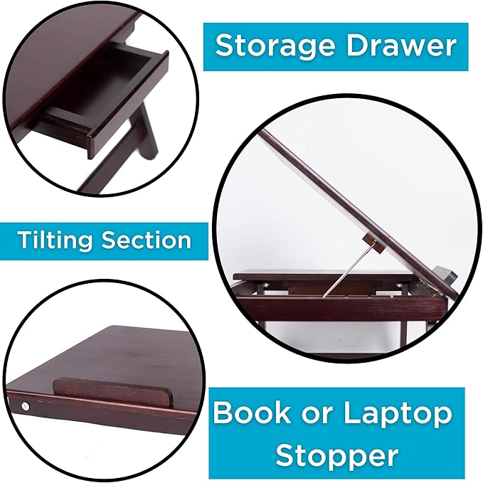 BIRDROCK HOME Bamboo Laptop Bed Tray with Adjustable Tilt Surface | Foldable Legs & Pullout Storage Drawer | Wooden Lap Desk for Work, Reading, or Eating | Fits Laptops Up to 15" | Walnut Finish