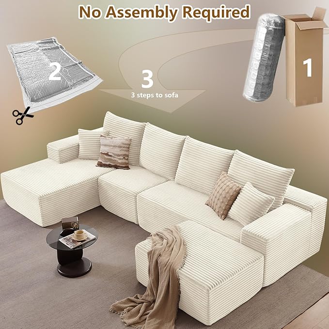 Lakifun 135" L-Shape Sofa with Ottoman, Modern Modular Sectional Comfy U-Shape Cloud Couch, Deep Seat, Upholstered Corduroy Sleeper Chaise Longue for Living Room Bedroom, No Assembly Required, White