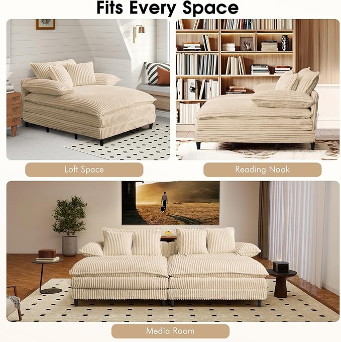 54.8" W Oversized Chaise Lounge Chair Indoor with 5-Position Adjustable Backrest, Corduroy Sleeper Sofa Bed with 3 Pillows, Modern Cloud Couch Chair for Living Room, Bedroom, Khaki
