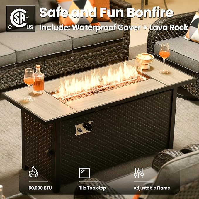 ovios 9 Pieces Patio Furniture Set, Outdoor Wicker Sofa Couch with Rocking Swivel Chairs Fire Pit Table, Modern Deep Seat Rattan Conversation Sets for Deck Porch, Dark Grey