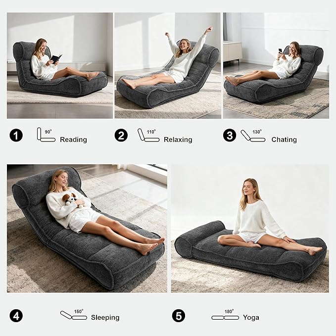 Lazy Floor Bed 83" – Extra Comfy Sleeper Chaise Lounge Chair Indoor, Adjustable Recliner Floor Lounger, Plush Futon Chair Bed for Yoga, Gaming, Meditation & Reading Nook (Recliner, Black)