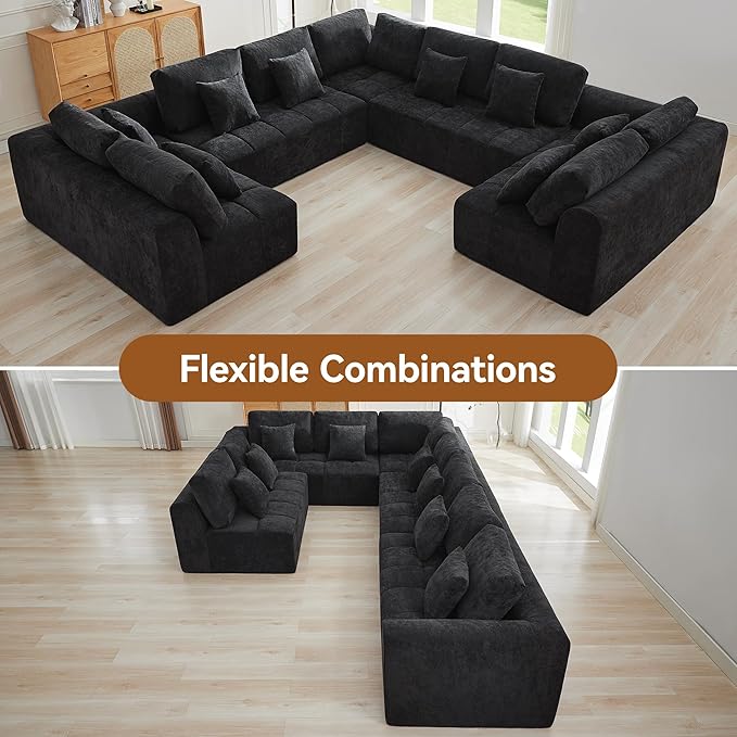 140''Modular Sectional Couches for Living Room, Cloud Boneless Compressed Sectional Sofa, Oversized U Shaped 9 Seater Upholstered Memory Foam Sofa, No Assembly, Chenille Black