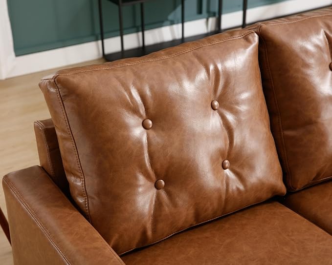 VESCASA 53" W Faux Leather Loveseat Sofa with Button Tufted Back, Mid Century Modern Upholstered 2 Seater Small Sofa Couch with Wood Legs, PU Leather Love Seats for Living Room/Bedroom, Caramel