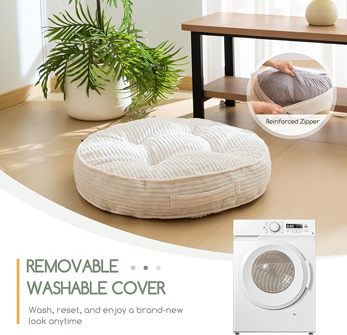 Washable Floor Pillow Cushion for Adults, Meditation Cushion Pillow, Large Round Floor Sitting, Removable Tufted Corduroy Cover, for Tatami Living Room or Yoga, 22x22 Inch, 2Pack, Machine Washable